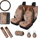 12 Pieces Car Seat Cover Full Set, Horse Print Automotive Accessories, Front Seat and Back Bench Seat Covers Steering Wheel Cover Seat Belt Pads Armrest Pad Cup Mat and Key Chain