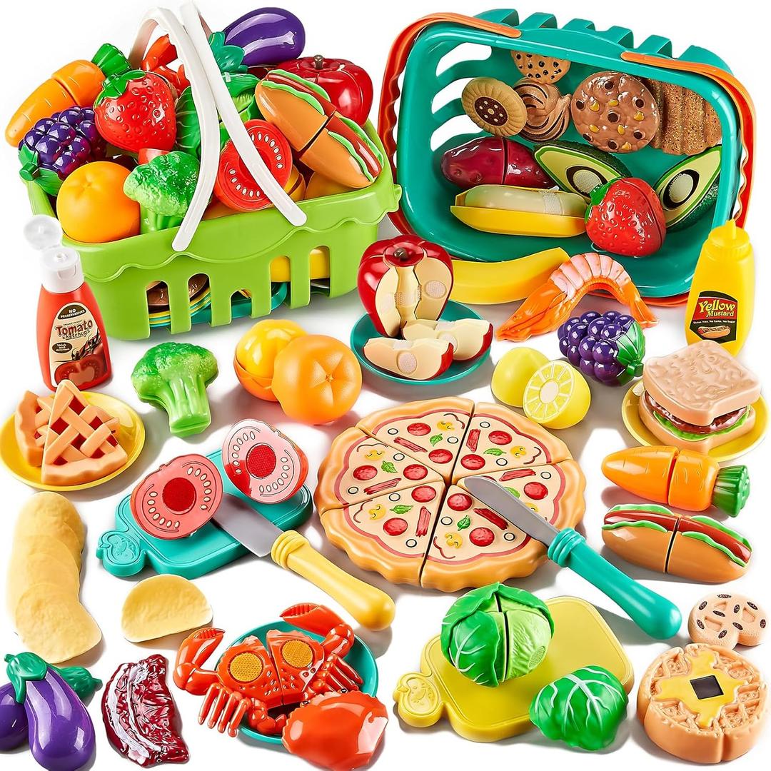 85Pc Pretend Play Food Sets for Kids Kitchen, Cutting toy food with 2 Baskets, Play Kitchen Accessories for Toddlers, Fake Food with Pizza Veggies Fruits, Kids Kitchen Toys, Boys Girls Gift.
