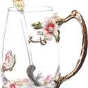 Flower Glass Coffee Tea Cup With Spoon Set Ideal Gifts For Mom Women Christmas Stocking Stuffers Valentine's Day Birthday Gifts For Her Girlfriend Wife Nice Present From Daughter Son (Red-Tal)