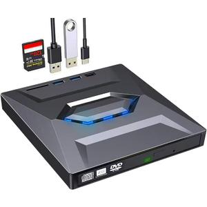 External CD/DVD Drive for PC and Laptop - 5-in-1 USB C Portable DVD Player with SD Card Slot & 3 USB Ports - High-Speed CD Burner Compatible with Mac, Windows 11/10/8/7, Linux