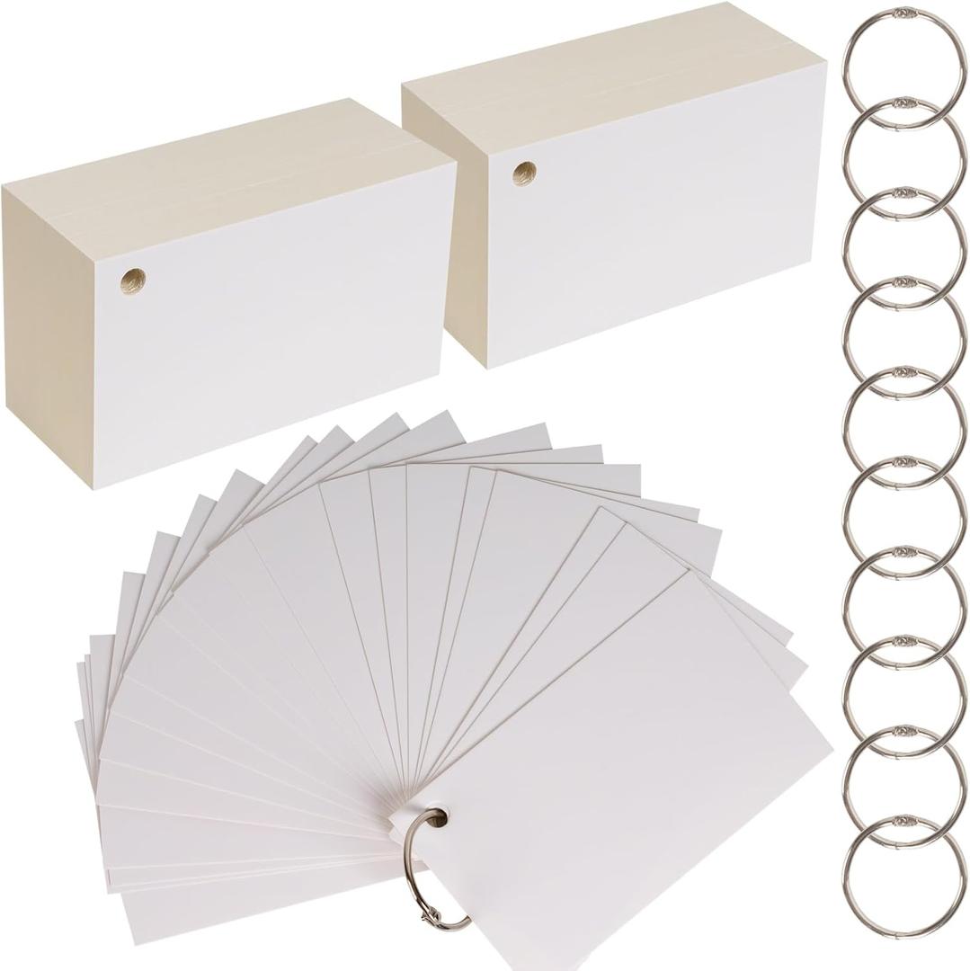 Index Cards, 600 PCS 3 x 5 Inch Punched Flash Cards with 12 Organizing Rings, White Flashcards for Studying, Blank Memo Note Cards for Adults Kids Home School Office