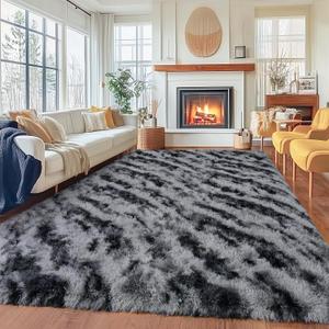 8x10 Large Area Rug for Living Room, Non Slip Soft Fluffy Shag Rug for Bedroom, Fuzzy Plush Indoor Floor Big Carpet for Kids Girls Boys Dorm Nursery Home Decor, Tie Dye Stripes Black Grey