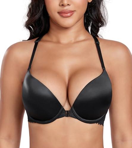 DotVol Women's Front Closure Push Up Convertible Bohemian Back Underwire Everyday Bra(Black, 34D)