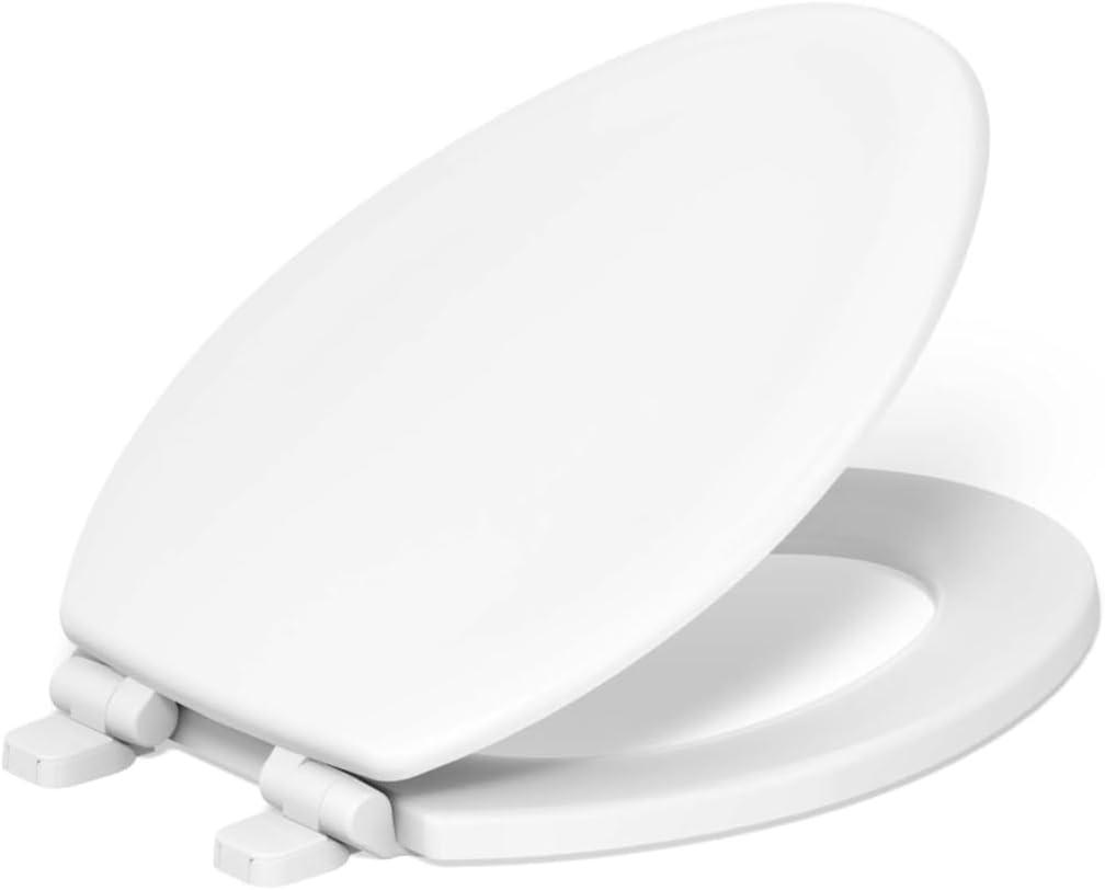 KOHLER Stonewood Quiet-Close Elongated Toilet Seat, Slow Close Design, Durable Wood, Easy Installation, Universal Fit, White Finish, K-20466-0