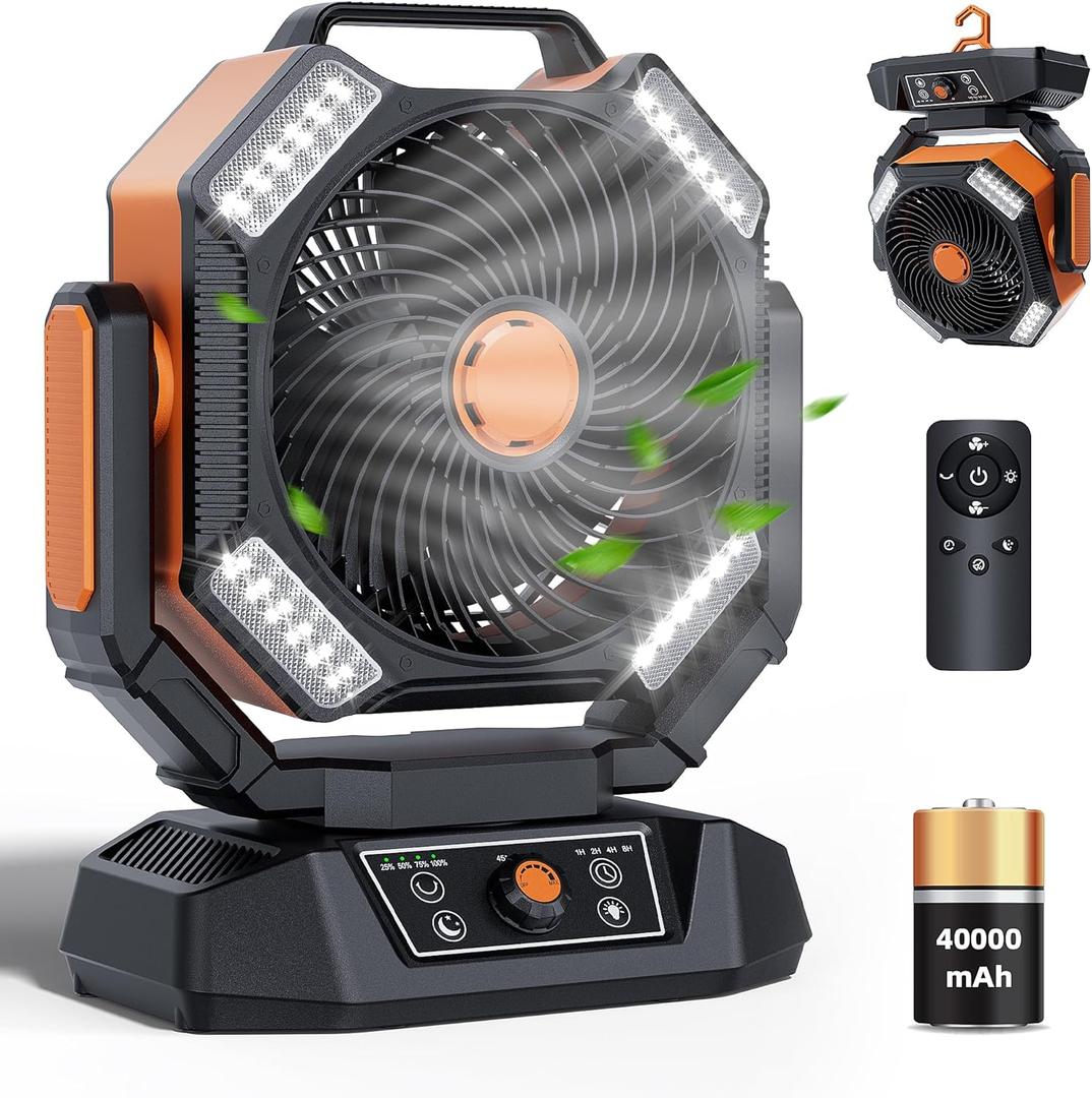 MORIKO 40000mAh Rechargeable Camping Fan,Battery Operated Portable Tent Fan with LED light, Remote Control, Hook, 270Pivot, Stepless Speed-Ideal for Camping, Picnic, Barbecue, Jobsite