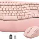 Pink Quiet Wireless Keyboard and Mouse Combo, 2.4G Ergonomic Wave Key Board with Cushioned Plam Rest, Full-Size Soft Typing Keyboards, 3 DPI Adjustable Silent Mouse for Computer/Laptop/Windows/Mac