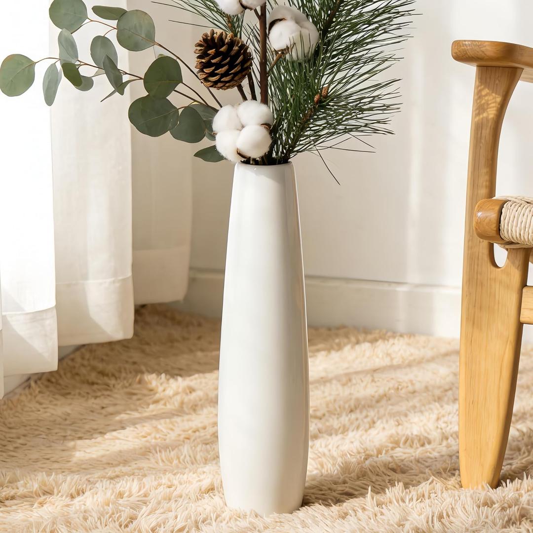 White Ceramic Floor Vase 17.7 Inches Tall Flower Holder Decorative Large Vases for Table Centerpieces Shelf Home Decor Living Room Branches Sky-Dried Flower Arrangement Simple Decorative