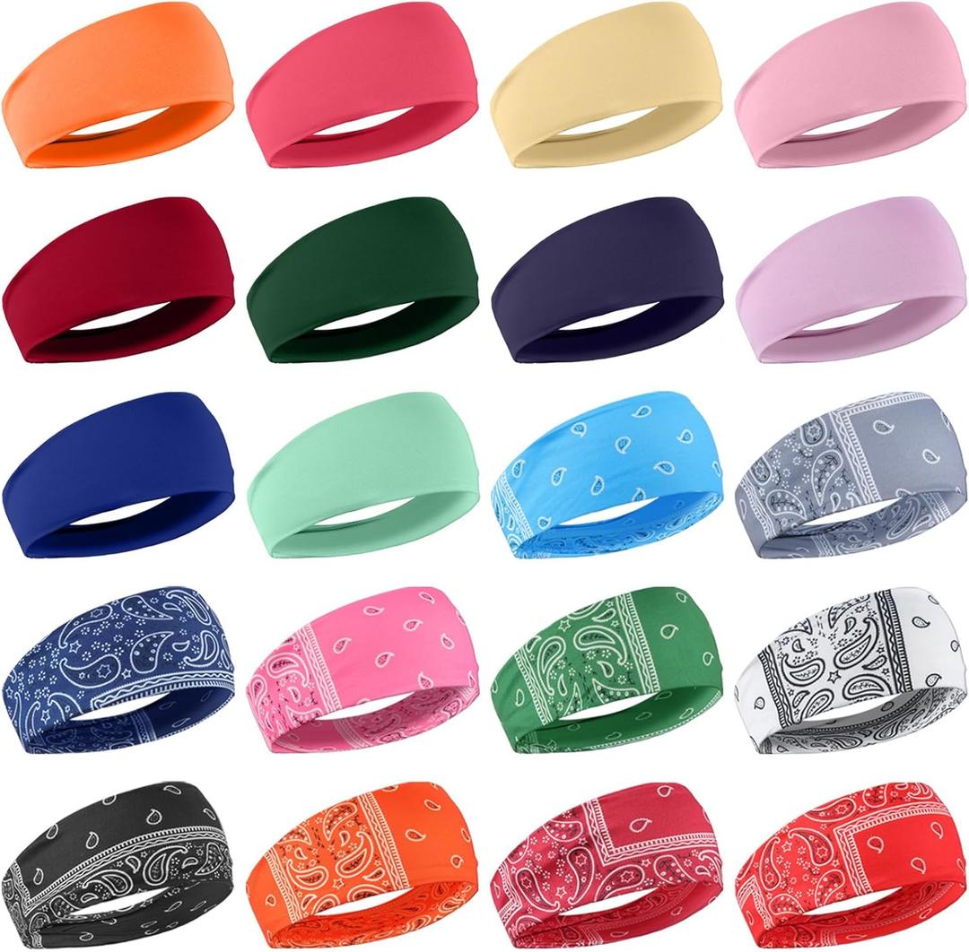 20 Pcs Sports Headbands for Men Women Sweatbands Non Slip Moisture Wicking Headband for Running Hiking Cycling Yoga