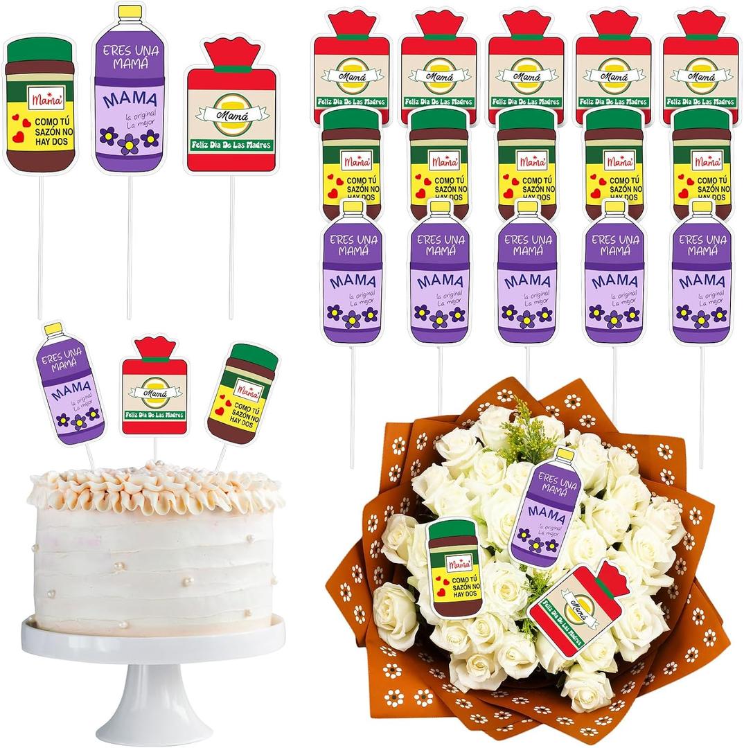 Motiskyy 15 Pcs Happy Mother's Day Cake Topper Bulk Mama Cake Toppers for Mother's Day Latin-inspired Floral Bouquet Picks Flower Decorations Cupcake Decorations Mom's Birthday Party Supplies