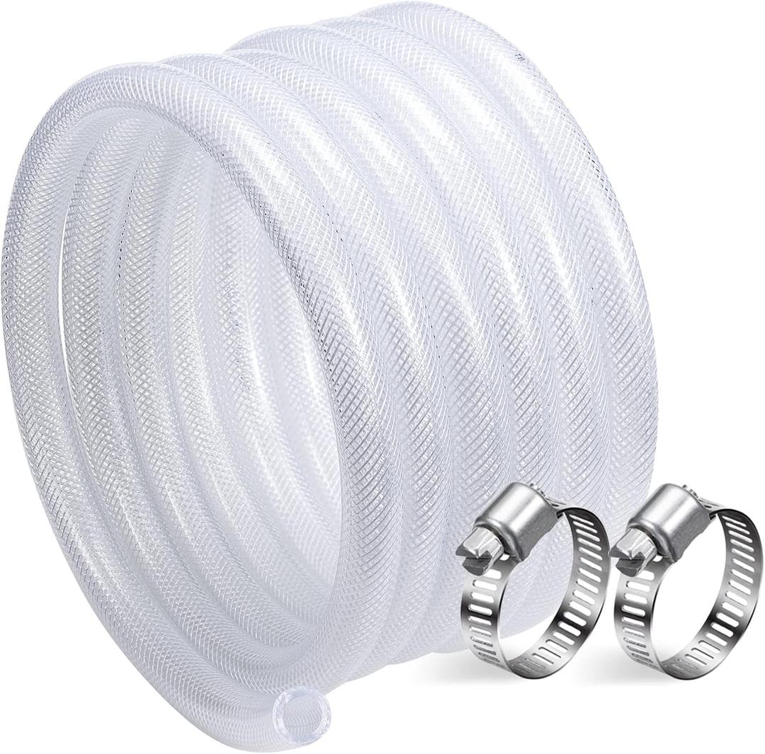 DAVCO 3/8" ID - 50 ft Heavy Duty Braided Clear Plastic Vinyl Tubing, Flexible High Pressure Reinforced PVC Plastic Tube Hose, Non-toxic, BPA Free, with 2 Stainless Clamps