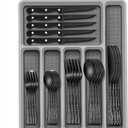49-Piece Black Silverware Set with Organizer, Stainless Steel Tree Pattern Black Flatware for 8, Cutlery Utensil Sets with Steak Knives, Rust-proof, Mirror Polished, Dishwasher Safe