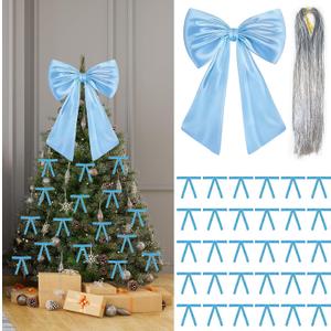 17x23 Inch Large Blue Bow for Christmas Tree Topper Christmas Tree Decoration Set: 24 Small Velvet Bows, 1 Pcs Big Tree Topper Bow, 3000 Strands of Tinsel Icicles for Holiday Decor (Blue)