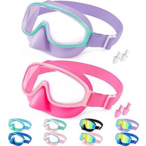 Vvinca Kids Goggles with Comfort Fabric Strap, Kids Swim Goggles Wide View Anti-Fog/UV No Leaking Swimming Goggles for 3-14 (11-pink& Mermaid Purple)