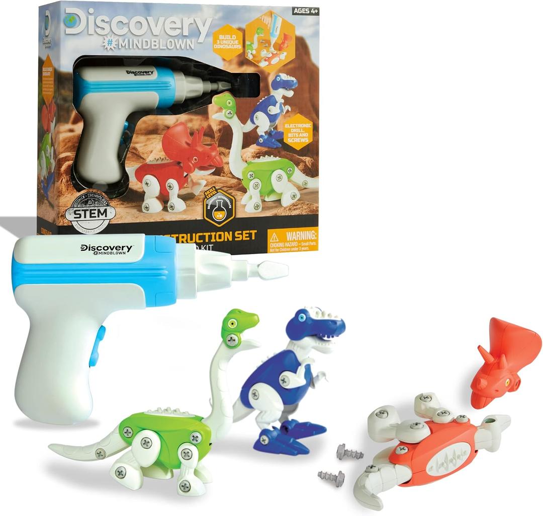 Discovery Dinosaur Construction Set, 90-Piece Action Model Build Kit, Kid-Safe Electronic Tools & Screws, Create T-Rex Triceratops, Prehistoric Monster Learning STEM Toy for Paleontologists