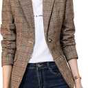ebossy Women's Notch Lapel 2 Button Boyfriend Blazer Suit Hound stooth Plaid Jacket Coat L