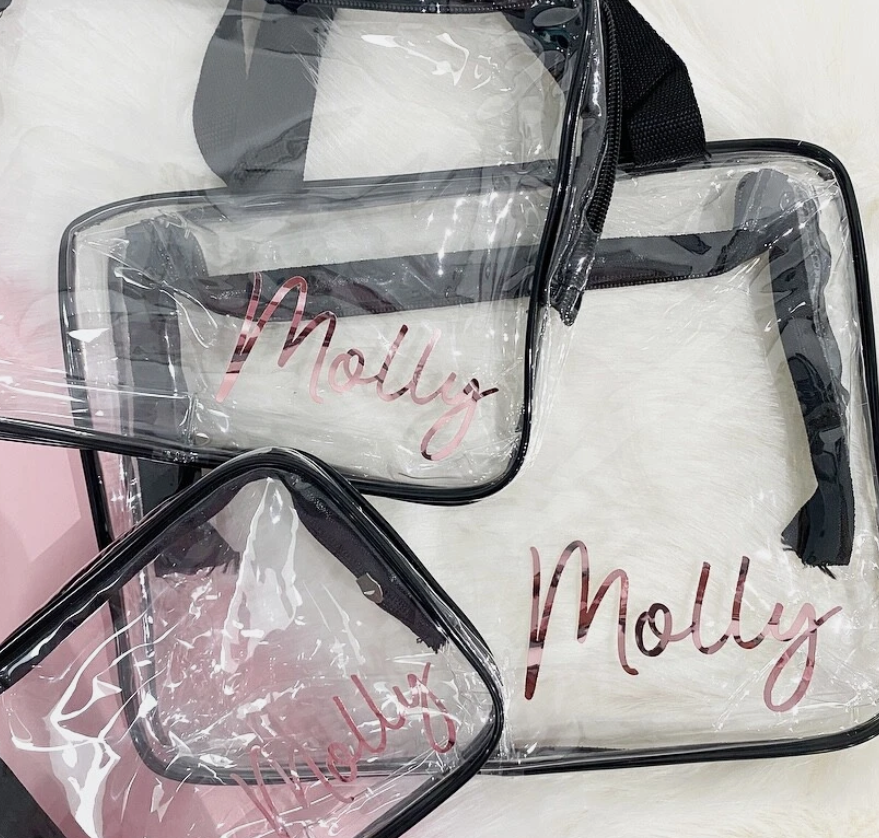 Transparent Toiletry Cosmetic Bags Personalised Name 3pc PVC Travel Makeup Set Transparent Toiletry Cosmetic Bags Personalised Name 3pc PVC Travel Makeup Set