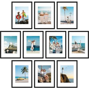 decorUhome 12x16 Picture Frame Set of 10, Display Photos 8.5x11 with Mat or 12x16 Unmatted for Picture Frames Collage Wall Decor, Black