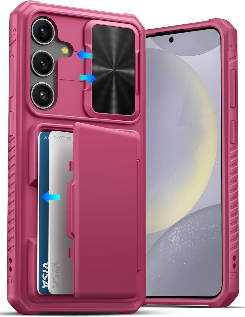 ATATOO for Samsung Galaxy S24+ Plus Case with Card Holder (Store 3-5 Cards) & Slide Lens Cover, Military Grade Protection, Rugged Protective Wallet Cover for Galaxy S24+ Plus 6.7", Pink