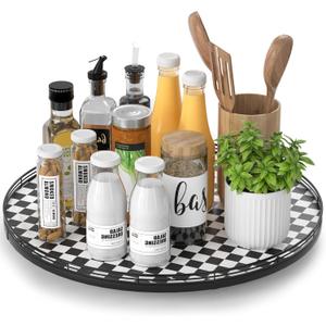 18" Black and White Kitchen Lazy Susan Turntable, Round Checkered Decorative Tray, Large Lazy Susan for Dining Table Centerpiece, Pantry, Kitchen, Bathroom, Countertop, Cupboard, Home Decor
