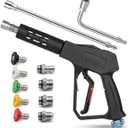 Swivel Pressure Washer Short Gun,Sturdy 5000PSI Power Washer Handle with Replacement Extand Wand Carwash Water Spray Washing Gun and 3/8 Plug & M22-14mm & M22-15mm and 1/4 Adapter 5 nozzles (short gun with two extension rod set)