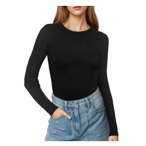 Buauty Women's Long Sleeve Crewneck Sweater 2025 Fall Ribbed Knit Fitted Shirts Slim Solid Pullovers Basic Casual Tee Tops, Size Large