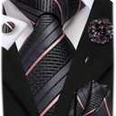 Hi-Tie Men Silk Ties Set with Flower Lapel Pin Necktie Pocket Square Cufflinks for Tuxedo Wedding Business (Black)