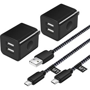 Android Charger Cable, HI-CABLE Micro USB Cable [2 Pack/6FT] with 2-Pack Dual Port USB Wall Charger Fast Charging Compatible with Samsung Galaxy S7 S6 J8 J7 Note 5,Kindle,LG,PS4,Camera (Black)