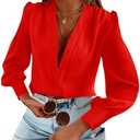 Women's Business Casual Tops Summer Long Sleeve Button Down Shirts V Neck Chiffon Blouses S
