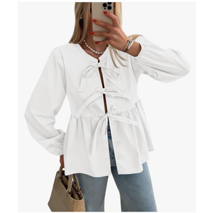 Women's Spring Fall Babydoll Peplum Blouse Shirt Puff Long Sleeve Bow Tie Front Trendy Cute Y2K Going Out Tops, XXL