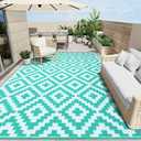 OLANLY Waterproof Outdoor Rug 8x10 ft, Outdoor Plastic Straw Rug for Camping, RV Mat Outside, Outdoor Carpet for Porch, Deck, Backyard, Balcony, Picnic, Turquoise & White