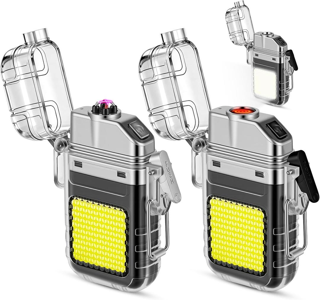 2 Pack Waterproof Lighter of 3 Modes Windproof Flashlight, Dual Arc Plasma Lighter, Flameless, Electric USB Rechargeable for Camping, Hiking, Outdoor Survival Gifts for Men