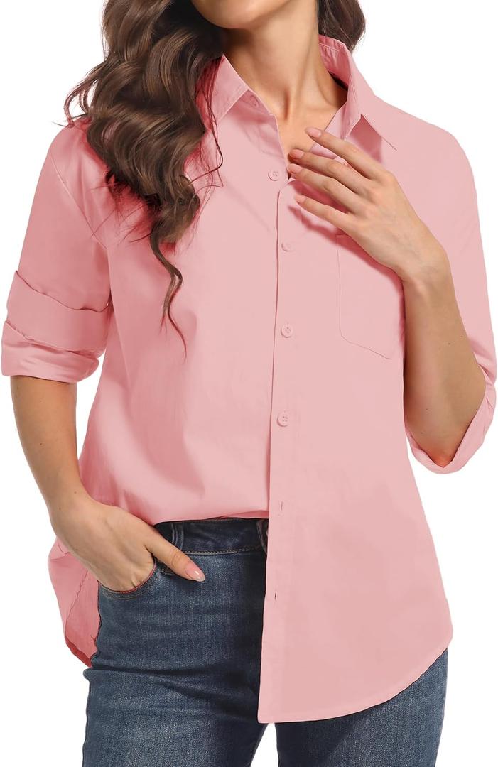 Women's Button Down Shirts, Long Sleeve Cotton Blouse for Women Casual, Collar Long Sleeve Blouse Tops for Pocket (Large, Pink)