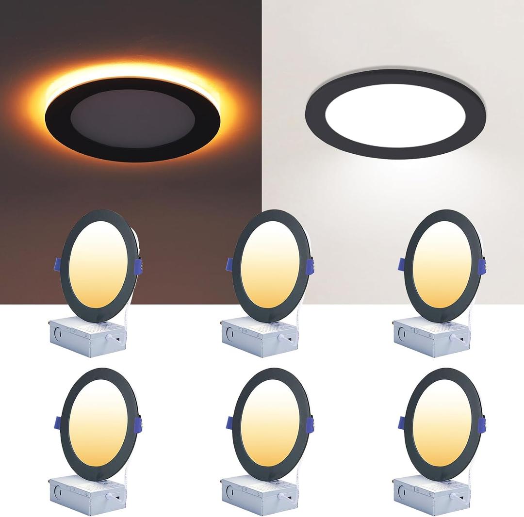 CycevSun Black 6 Inch Recessed Light with Night Light, 6 Pack, Sync & Reset | Dimmable & 5 Color Selectable, Canless, Ultra Thin, Wafer Downlight, Indoor Outdoor Exterior Soffit, 12W, ETL Listed