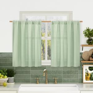 LAMIT Window Linen Curtains 30 Inch Length, Faux Linen Textured Light Filtering Drapes for Kitchen/Cafe, Rod Pocket Boho Neutral RV Curtains for Small Windows, 2 Panels, Light Green, 42 x 30 Inch