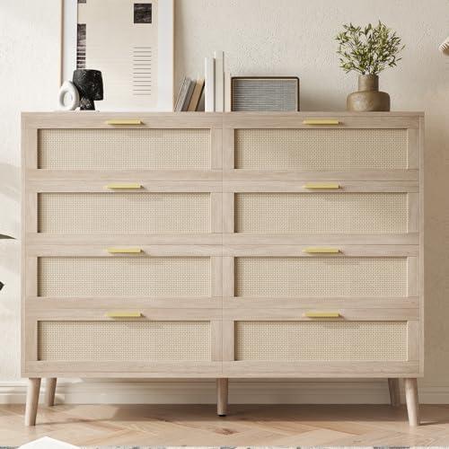 Mid-Century Modern 8-Drawer Rattan Dresser – 47.2" x 15.7" x 37" Wide Storage Chest with Handles, Large Table Top for Bedroom, Living Room, Hallway & Entryway