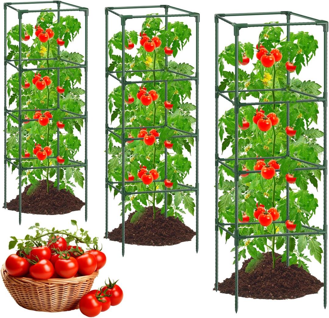 3Pack Tomato Cages for Garden,Square Tomato Plant Cage Support Heavy Duty Pole 57*15.4*15.4 Inches,Steel Plant Tower Stakes,Cherry Tomato Trellis Cucumber for Climbing Vegetables Flowers FruitsGreen