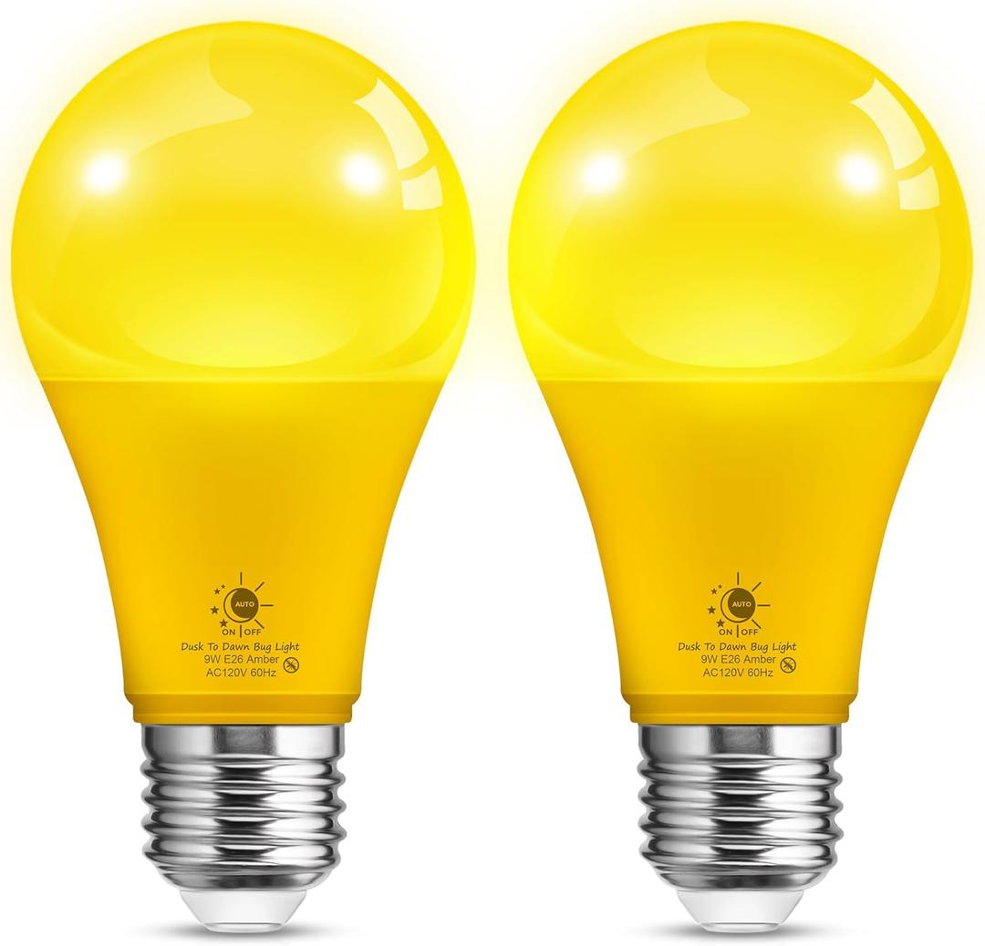 L LOHAS LED Dusk to Dawn Bug Light Bulb Outdoor, A19 Yellow LED Bug Light Bulbs, 9W Auto On/Off Bug Lights for Outside, Amber Porch Light Bulb 60W Equi, Non-Attracting, E26 Base for Backyard, 2 Pack