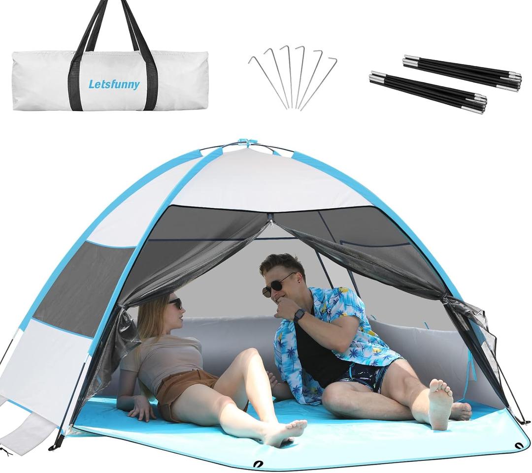 Large 3-4 Person Beach Tent - UPF 50+ Anti-UV, Easy Setup with Extended Floor & Mesh Windows, Portable for Camping Fishing
