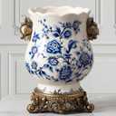 Vintage Blue and White Ceramic Vase with Gold Pedestal, Chinoiserie Floral Urn for Home Decor, 8.3" Antique French Country Centerpiece for Table, Mantel, and Fresh Flowers