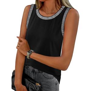 MEROKEETY Womens Tank Tops 2026 Summer Casual Sleeveless Crew Neck Basic T Shirts Beach Striped Color Block Clothes Black Large
