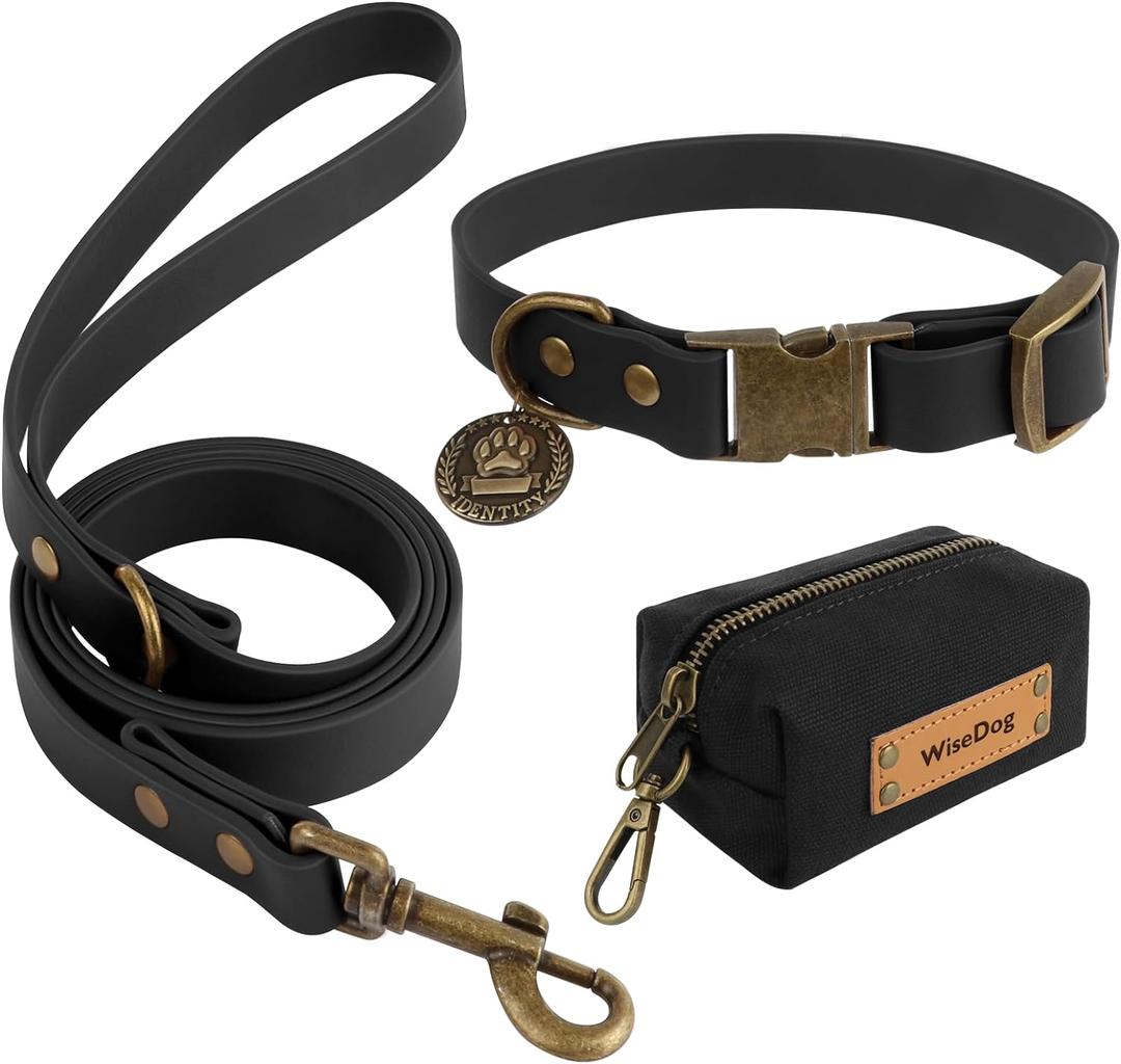 Wisedog Waterproof Dog Collar and Leash Set, Adjustable Puppy Collar with Cute Tag 4FT Dog Leash with Poop Bag for Small Dogs (S, Black)