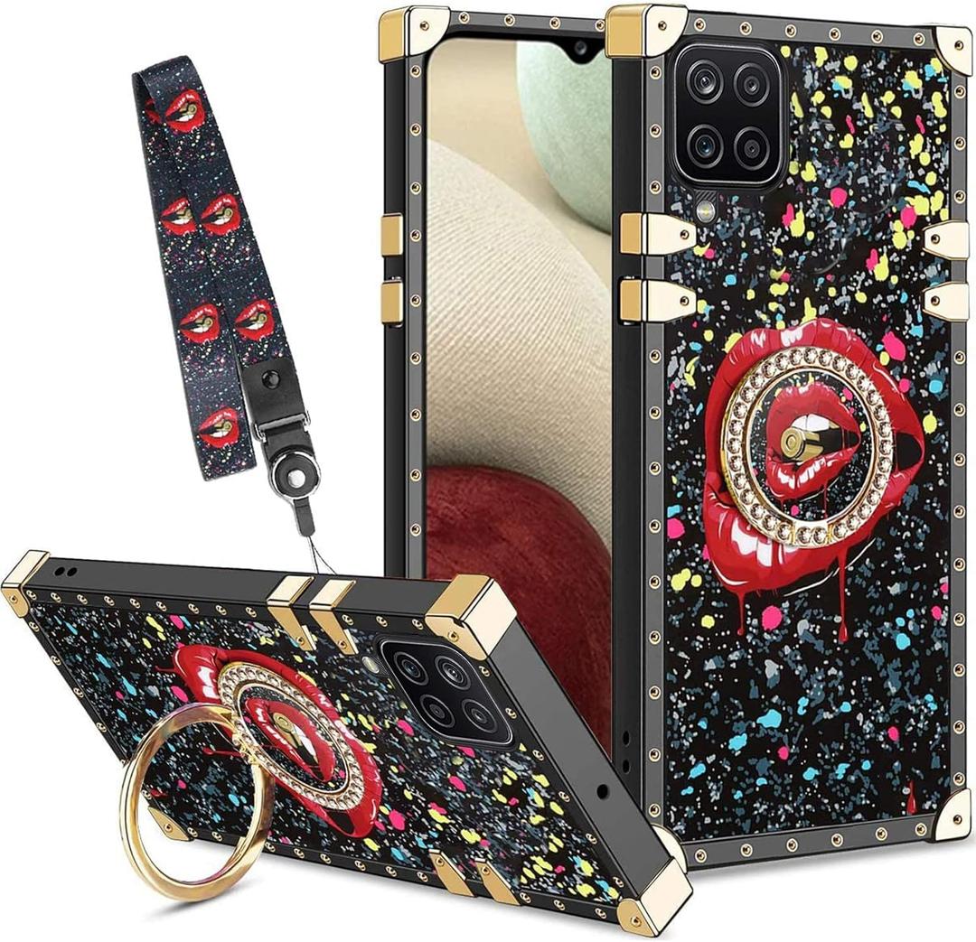 for Samsung Galaxy a12 Case, Samsung a12 Case with Kickstand Ring Strap Lanyard, Luxury Lip Kiss Cute Elegant Design Shockproof Soft TPU Protective Cover, for Galaxy a12 Case (Black Lips)