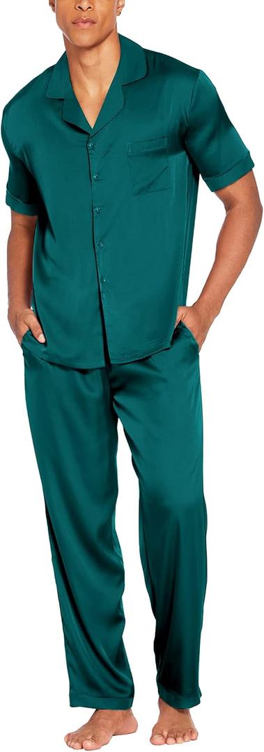 Ekouaer Men Satin Silk Pajamas Set 2 Piece Button Down Sleepwear Long Pants Loungewear with Pockets (Green, M)
