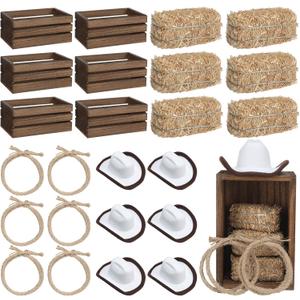 6 Set Western Cowboy Party Centerpieces Decoration Include 6 Pcs Mini Wood Crates 6 Pcs Mini Hay Bales 6 Pcs Mini Cowboy Hat 6 Pcs Twisted Hemp Rope for Western Party Table Centerpieces