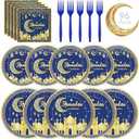 96 Pcs Ramadan Plates and Napkins Forks Sets - Blue Gold Eid Mubarak Themed Round Tableware, Disposable KAREEM Paper Plates Napkins Kit for Ramadan Party Supplies Favors Table Decorations, Serves 24
