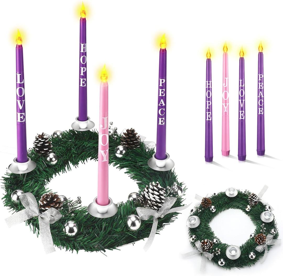 Kathfly 5 Pcs Christmas Advent Wreath with 4 Flameless Candles Holder with Hope Peace Love Joy Candle Christmas Centerpiece Decorations Pine Cones Bowknot for Xmas Advent Holiday Party(Silver)
