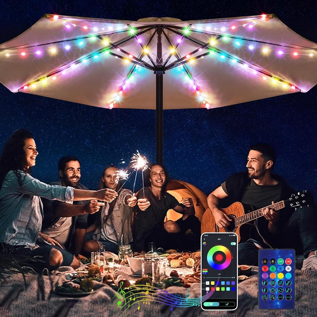 Patio Umbrella Lights, 104 Bright LEDs DIY Colors USB Battery Powered Waterproof Outdoor Umbrella Lights with APP Control, Cordless Outdoor Lighting for Patio Backyard Umbrella Garden Decor