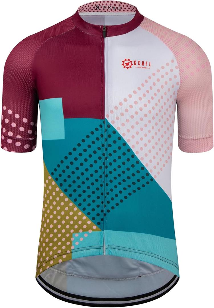 GCRFL Men's Cycling Jersey Short Sleeve Biking Shirt with 3 Rear Pockets + Zipper Pocket Breathable Quick Dry Bicycle Jersey (Large, Purple)