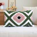 Boho Accent Lumbar Pillow Covers 12x20 - Tufted Abstract Modern Throw Pillow Covers, Farmhouse Decorative Pillowcase for Couch, Sofa, Bed, Living Room -Green Pink Black Geometric