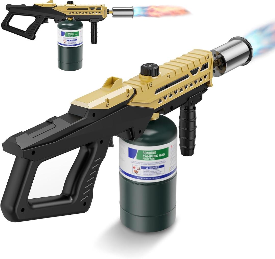 Sondiko Powerful Cooking Propane Torch Gun, Culinary Torch Campfire Starter, Adjustable Weed Torch Burner for Searing Steak, BBQ, Welding (Gold & Black) Propane Tank Not Included